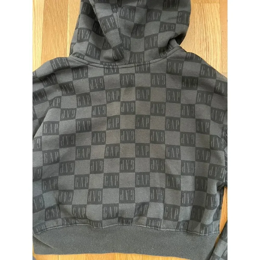 Gap Teen Black Checkerboard Logo Crop Zip Up Hooded Sweatshirt (size 14-16)